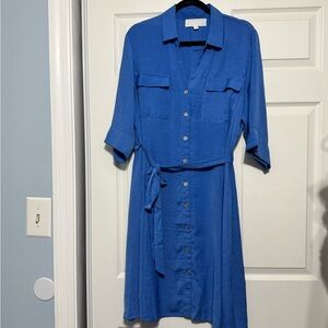 Superfoxx Blue Button Up Shirt Midi Dress Belt Size XL Casual Teacher Office